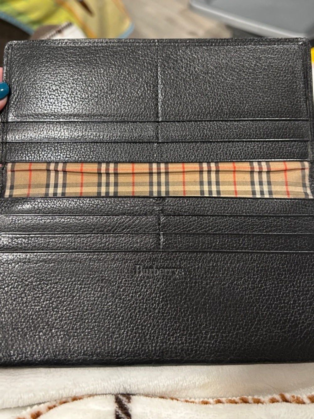 Burberrys Black Leather Long Wallet with Iconic Beige Check Interior